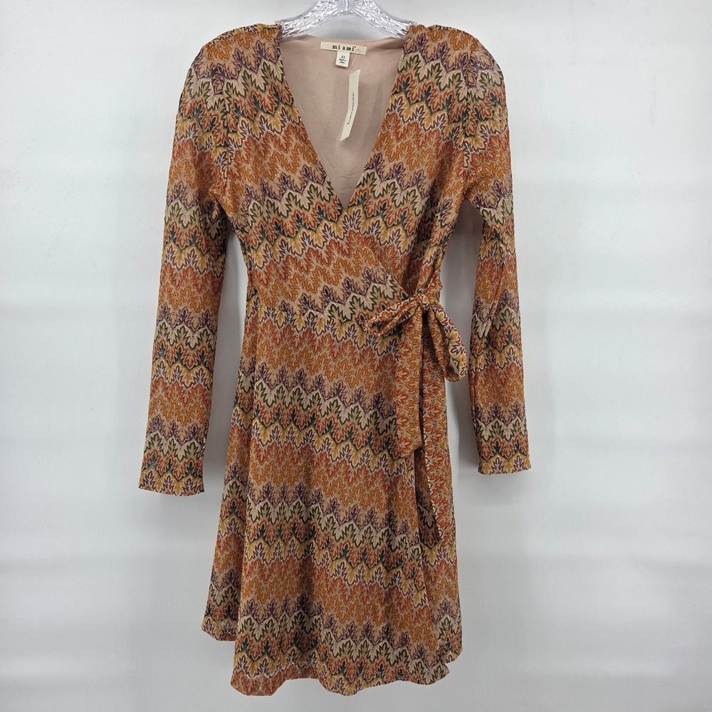 Francesca's Mi Ami Wrap Dress‎ XS Mustard Zigzag Metallic Long Sleeve Boho Retro